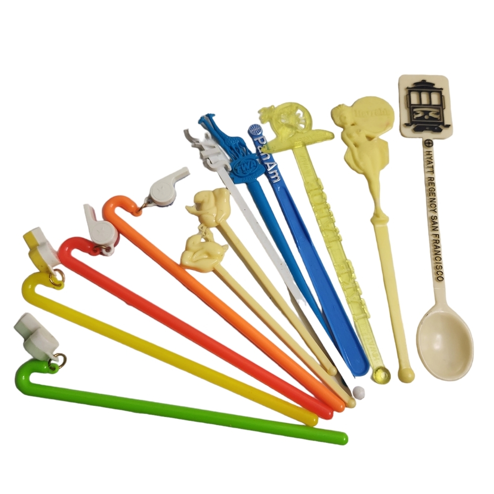 Vintage Swizzle Cocktail Drink Stir Sticks Glitter Whistles Airlines Hotels